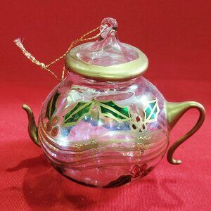 Handcrafted Blown Glass Teapot Ornament Holly Leaf Gold Accents